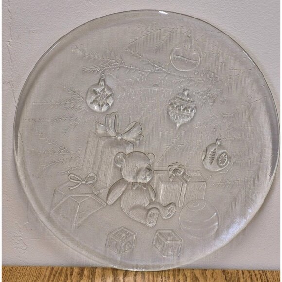 Oval Christmas Glass Platter with Teddy Bear & Gifts Design 13" - Picture 1 of 6